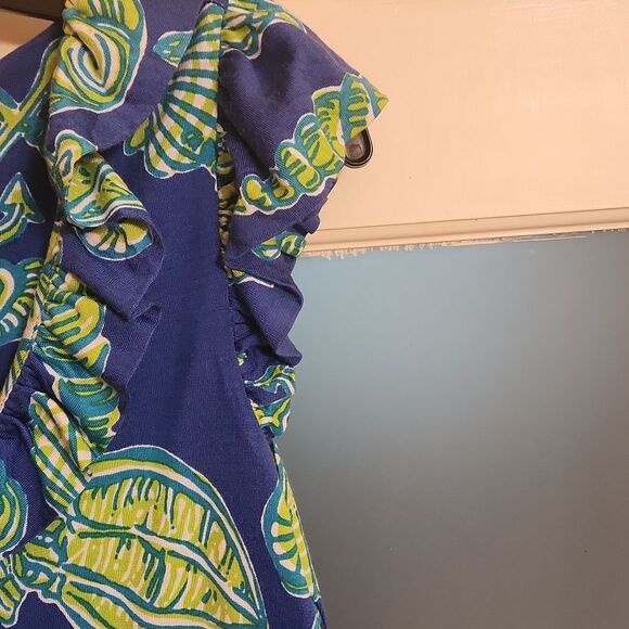 Lilly Pulitzer "Fallin' in Love" Blue & Green Dress w/ Ruffled Neckline Size M - Picture 5 of 9